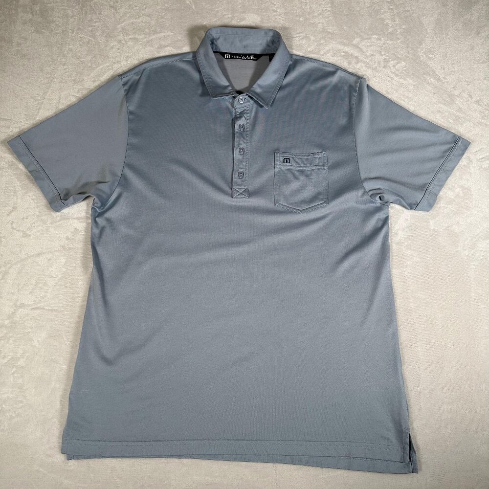 Travis Mathew Polo Shirt Men Size XL Blue Short Sleeve Stretch Embroidered Logo